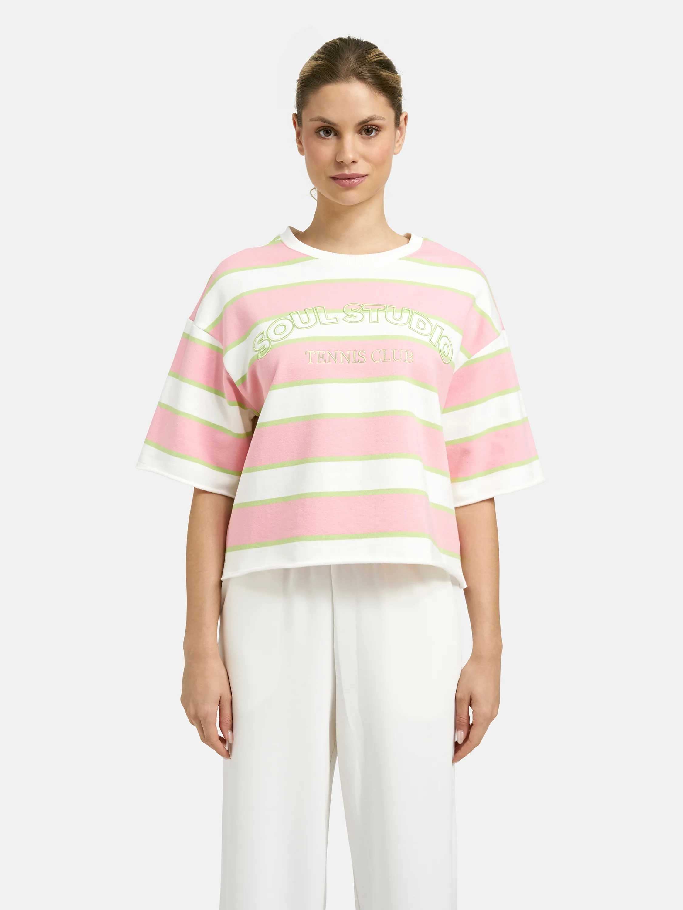 Boxy cropped College Sweatshirt short sleeve Multistriped